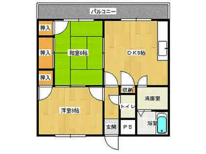 JR山陽本線 向洋駅 徒歩7分 3階建 築33年(2DK/3階)の間取り写真