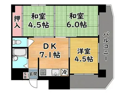 JR東海道・山陽本線 六甲道駅 徒歩9分 7階建 築38年(3DK/3階)の間取り写真