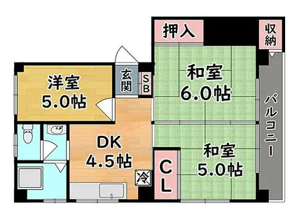 阪急神戸本線 六甲駅 徒歩3分 4階建 築55年(3DK/3階)の間取り写真