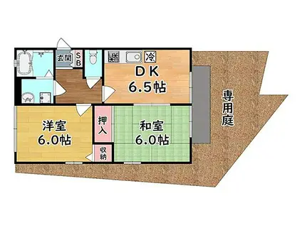 阪急神戸本線 王子公園駅 徒歩8分 2階建 築31年(2DK/1階)の間取り写真