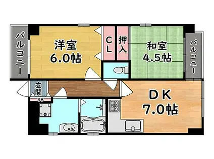 阪神本線 石屋川駅 徒歩10分 4階建 築27年(2DK/4階)の間取り写真