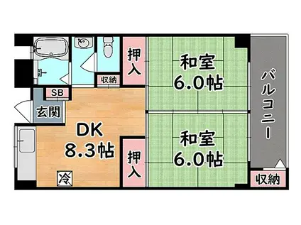 JR東海道・山陽本線 六甲道駅 徒歩10分 9階建 築49年(2DK/2階)の間取り写真