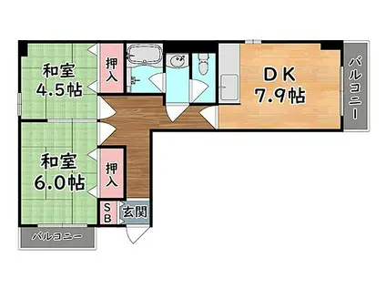 阪神本線 岩屋駅(兵庫) 徒歩1分 5階建 築36年(2DK/3階)の間取り写真