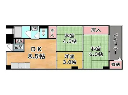 JR東海道・山陽本線 六甲道駅 徒歩10分 9階建 築49年(3DK/3階)の間取り写真