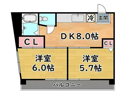 阪神本線 岩屋駅(兵庫) 徒歩2分 5階建 築52年(2DK/3階)の間取り写真