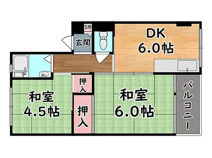 JR東海道・山陽本線 灘駅 徒歩5分 4階建 築56年(2DK/1階)の間取り写真