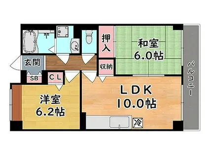 阪急神戸本線 六甲駅 徒歩5分 5階建 築27年(2LDK/4階)の間取り写真
