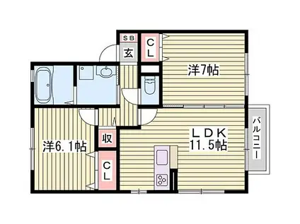 ウィルモア垂水C棟(2LDK/2階)の間取り写真