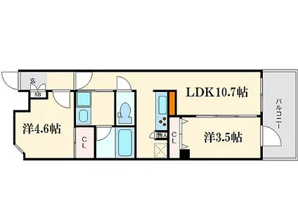 アーバネックス心斎橋イースト(2LDK/14階)の間取り写真