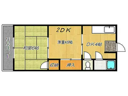 JR片町線(学研都市線) 野崎駅(大阪) 徒歩10分 3階建 築55年(2DK/1階)の間取り写真