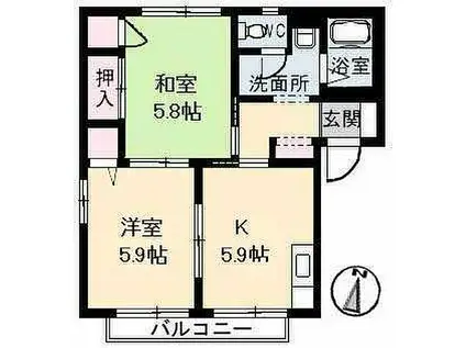JR福塩線 万能倉駅 徒歩14分 2階建 築27年(2K/1階)の間取り写真