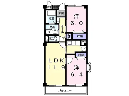 JR東海道本線 平塚駅 バス乗車時間：14分 高村団地入口バス停で下車 徒歩2分 3階建 築21年(2LDK/2階)の間取り写真