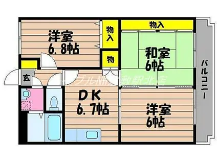 JR吉備線 東総社駅 徒歩16分 3階建 築26年(3DK/2階)の間取り写真