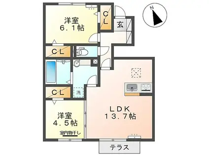 ウィンクルム C棟(2LDK/1階)の間取り写真