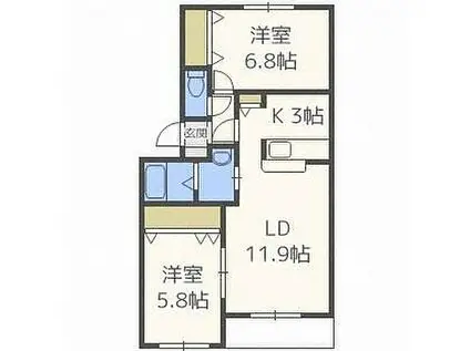 札幌市電2系統 中央図書館前駅 徒歩39分 3階建 築17年(2LDK/1階)の間取り写真