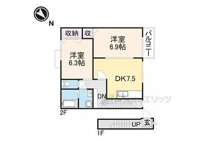 JR東海道・山陽本線 南彦根駅 徒歩6分 2階建 築24年(2DK/2階)の間取り写真
