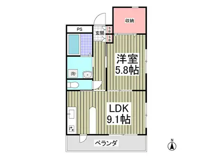 TKマンション(1LDK/2階)の間取り写真