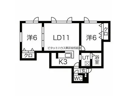 札幌市営東豊線 環状通東駅 徒歩7分 3階建 築14年(2LDK/3階)の間取り写真