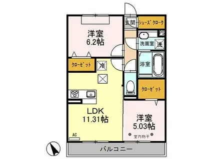 東武東上線 坂戸駅(埼玉) 徒歩15分 2階建 築5年(2LDK/1階)の間取り写真