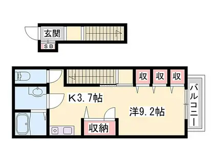 JR福知山線 三田駅(兵庫) バス乗車時間：41分 横谷バス停で下車 徒歩16分 2階建 築5年(ワンルーム/2階)の間取り写真
