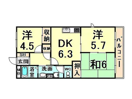 ル・シェール武庫之荘(3DK/1階)の間取り写真