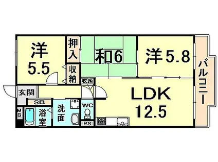 阪急神戸本線 武庫之荘駅 徒歩15分 5階建 築26年(3LDK/5階)の間取り写真