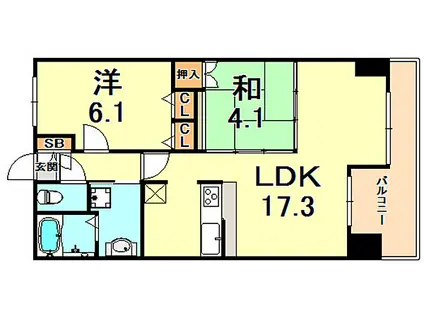 レジディア三宮東(2LDK/11階)の間取り写真