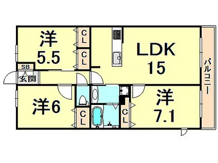 レジェンダリー甲子園浦風町(2SLDK/3階)の間取り写真
