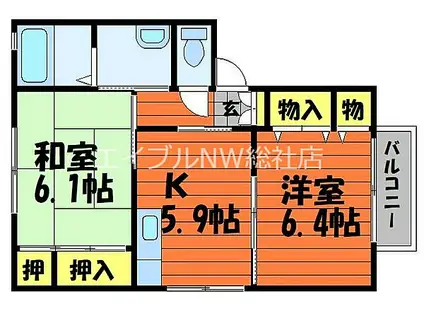 JR吉備線 東総社駅 徒歩7分 2階建 築24年(2K/1階)の間取り写真