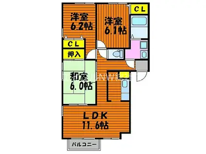 JR吉備線 東総社駅 徒歩4分 2階建 築28年(3LDK/2階)の間取り写真
