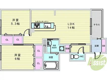 グランチュイールA棟(2LDK/1階)の間取り写真