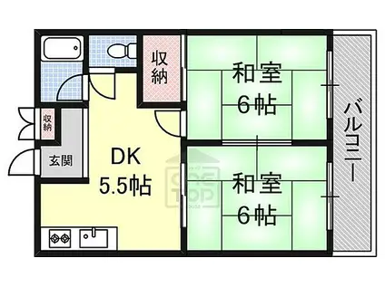 京阪本線 香里園駅 徒歩46分 3階建 築32年(2DK/1階)の間取り写真