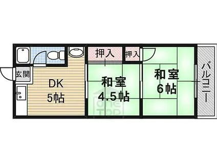 阪急京都本線 茨木市駅 徒歩10分 5階建 築55年(2DK/4階)の間取り写真