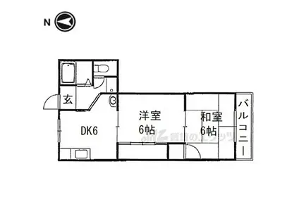 近鉄生駒線 一分駅 徒歩5分 3階建 築38年(2DK/2階)の間取り写真