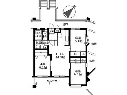 JR久大本線 南久留米駅 徒歩35分 5階建 築29年(3LDK/4階)の間取り写真