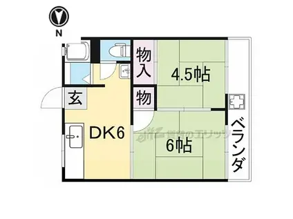 近鉄奈良線 富雄駅 徒歩7分 2階建 築44年(2DK/2階)の間取り写真