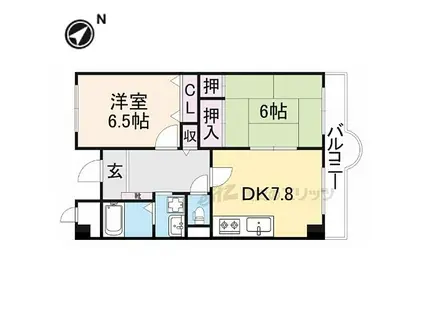 近鉄奈良線 富雄駅 徒歩1分 6階建 築30年(2DK/5階)の間取り写真