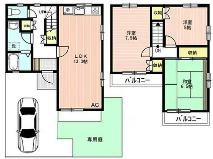 京王線 百草園駅 徒歩7分 2階建 築33年(3LDK/1階)の間取り写真