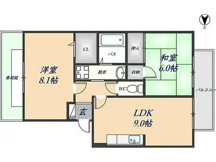 ニューリバーサイド八尾南D棟(2LDK/1階)の間取り写真