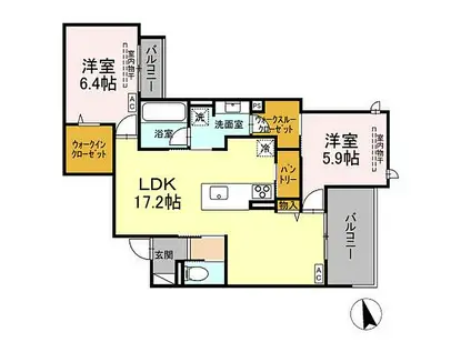 JR山陽本線 五日市駅 徒歩15分 3階建 新築(2LDK/2階)の間取り写真