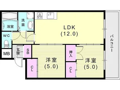 神戸市西神・山手線 上沢駅 徒歩3分 4階建 築28年(2LDK/2階)の間取り写真