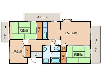 JR片町線(学研都市線) 木津駅(京都) 徒歩47分 5階建 築34年(3LDK/1階)の間取り写真