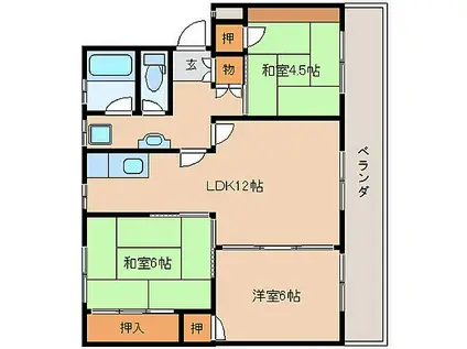 近鉄橿原線 西ノ京駅 徒歩9分 3階建 築41年(3LDK/1階)の間取り写真