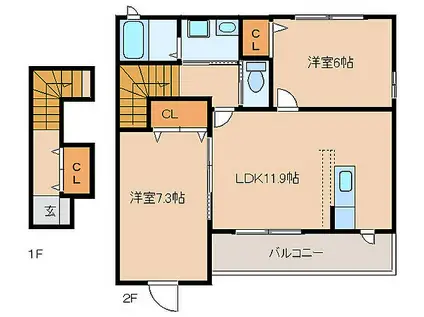 近鉄橿原線 畝傍御陵前駅 徒歩5分 2階建 築18年(2LDK/2階)の間取り写真