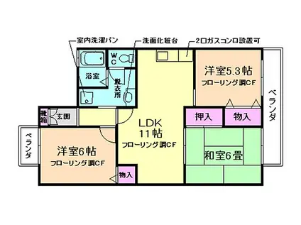 阪急箕面線 桜井駅(大阪) 徒歩10分 2階建 築33年(3LDK/2階)の間取り写真
