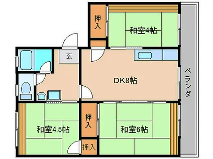 近鉄南大阪線 尺土駅 徒歩7分 4階建 築47年(3DK/4階)の間取り写真