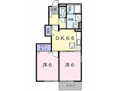 養老鉄道 揖斐駅 バス乗車時間：20分 大野バスセンターバス停で下車 徒歩26分 2階建 築19年(2DK/1階)の間取り写真