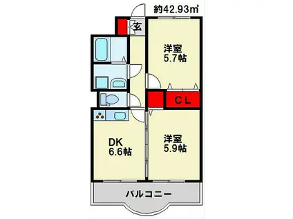 ニューシティアパートメンツ南小倉I(2DK/10階)の間取り写真