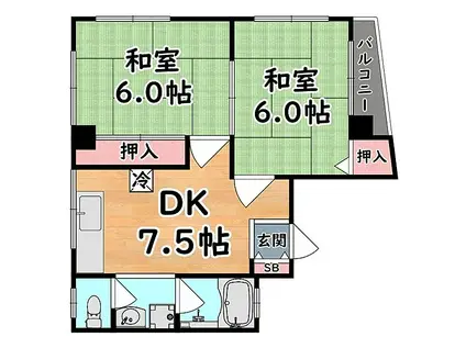 阪急神戸本線 王子公園駅 徒歩5分 4階建 築42年(2DK/3階)の間取り写真