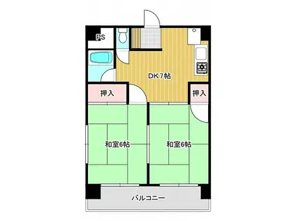 JR山陽本線 中野東駅 徒歩3分 3階建 築36年(2DK/3階)の間取り写真
